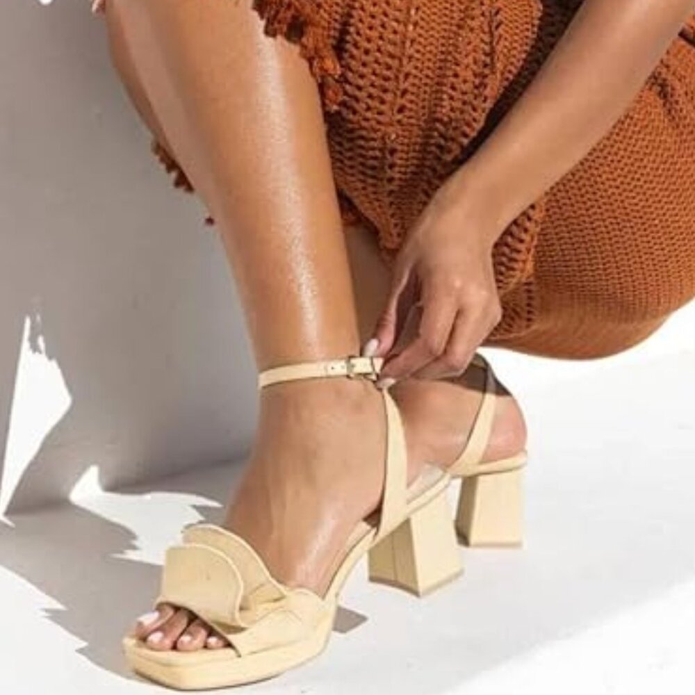 Pazzion Women's Platform Square Toe Pleated Ruffle Sandals Chunky High Heels Str